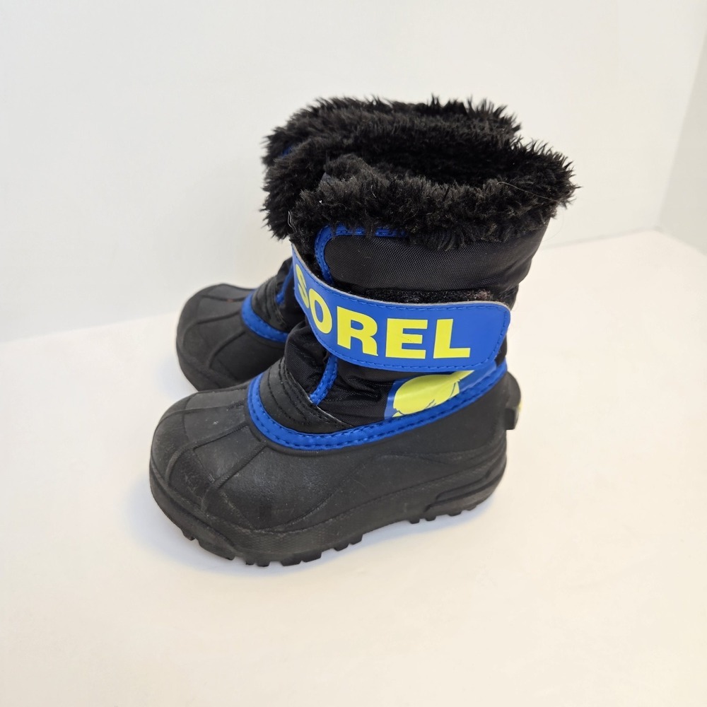 Sorel Toddler Snow Commander Boots Boys Size 7 Blue And Black Faux Fur Lined